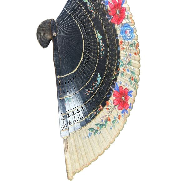 wooden hand painted- vintage fan with fabric end detailing- 17 inches extended - Picture 2 of 7